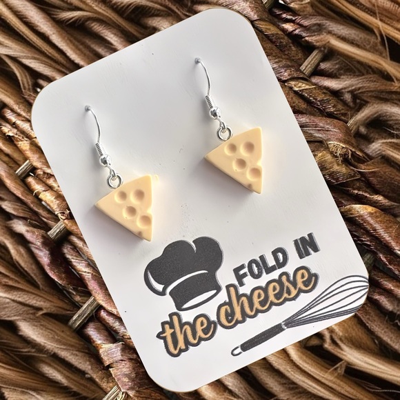 New Handmade “Fold In the Cheese” Dangle Earrings (1.5” long x 0.5” wide) - Picture 2 of 5